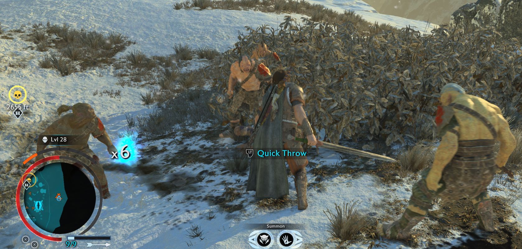 Talion surrounded by orcs