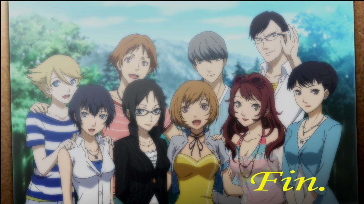 Game completed screen from Persona 4 showing the animation version of all the characters.