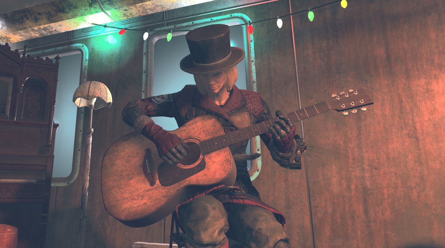Woman playing guitar in Fallout 76
