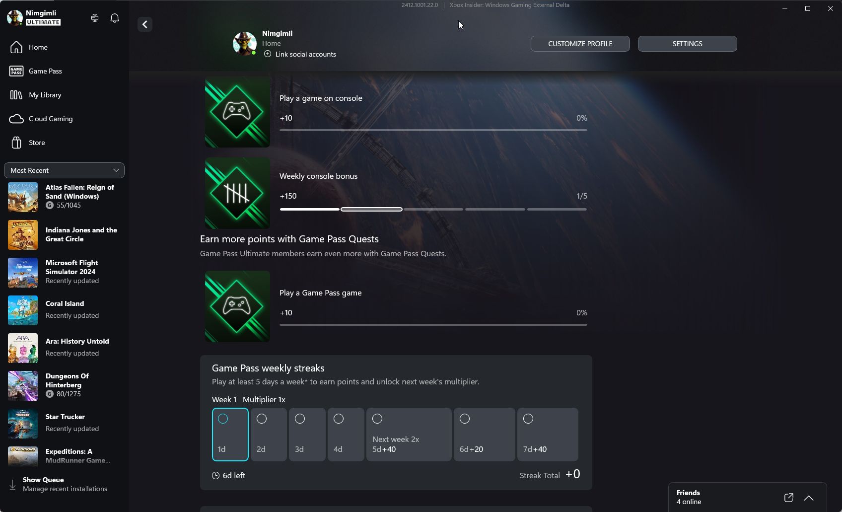 Screenshot of the Xbox app on Windows showing Rewards options