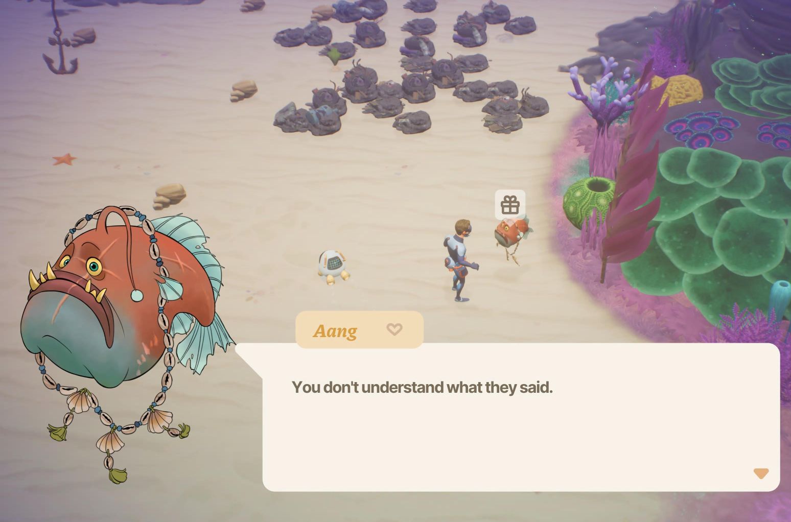 A screenshot from Coral Island showing the male main character talking to what appears to be an angler fish