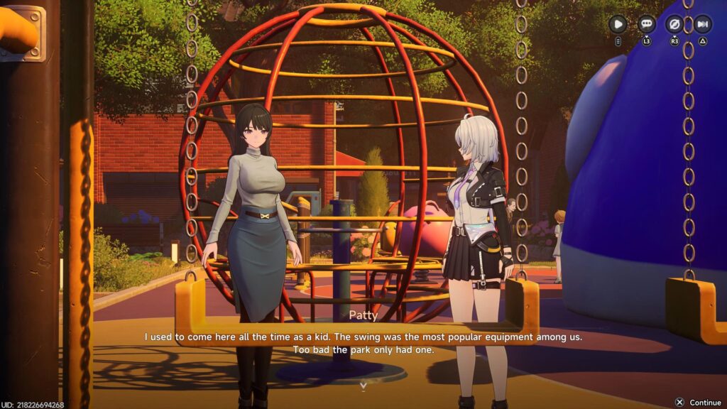 NTE main character talking to "Miss Patty" at a playground