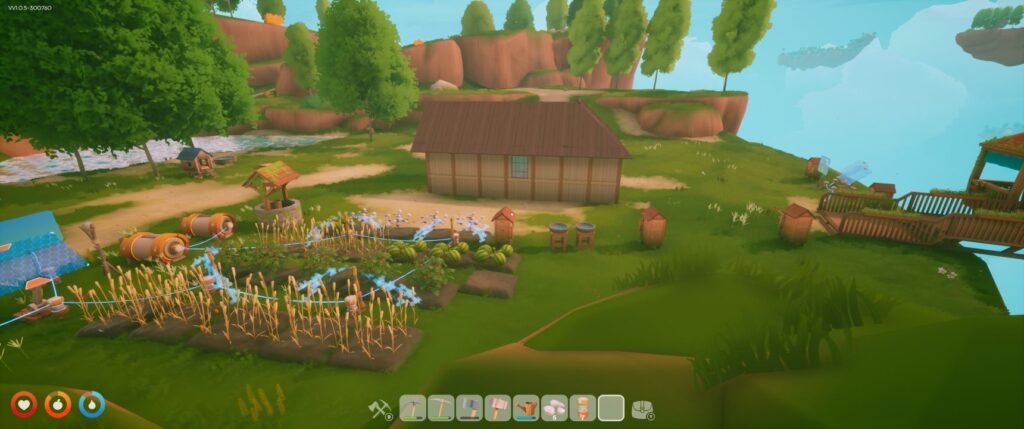 Solarpunk screenshot showing a small house and a garden with automated sprinklers