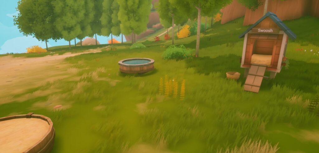 Solarpunk screenshot showing a chicken coop, a water trough and a feed trough