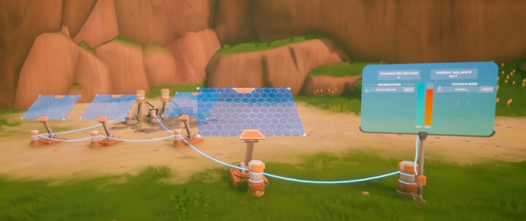 Solarpunk screenshot showing the 2 drill set up and an array of solar panels powering them