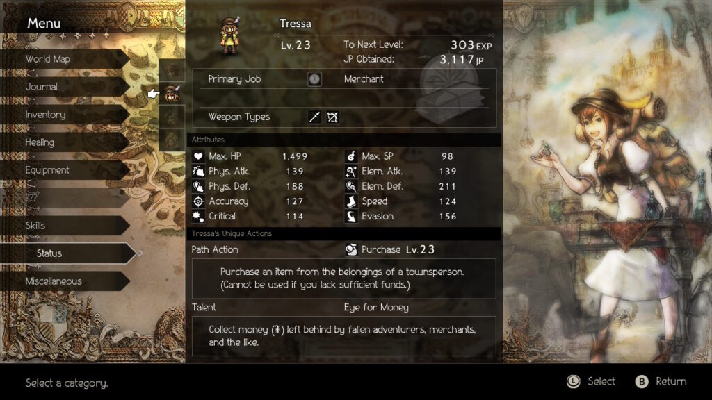 Character Sheet from Octopath Traveller