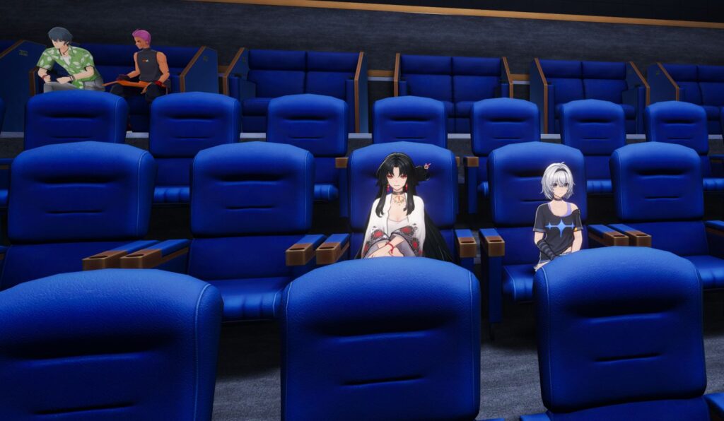 Screenshot for Neverness to Everness showing the main character and Hotori sitting in a movie theater