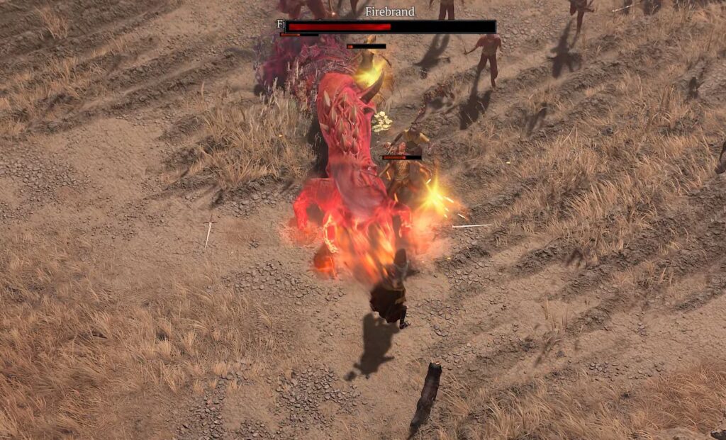 Screenshot of combat in Diablo IV, attempting to show the 'giant hand' skill mentioned in the text