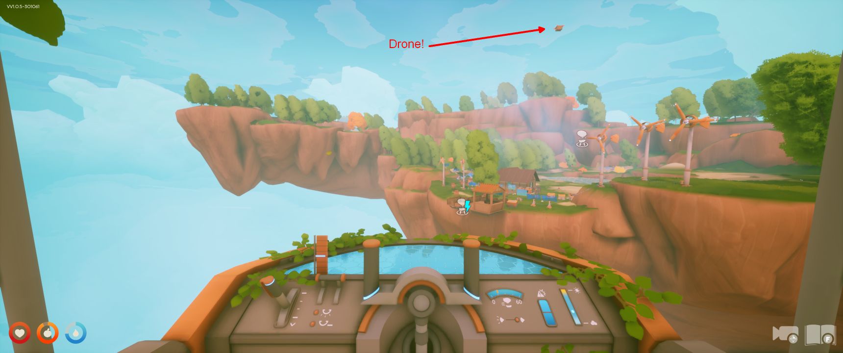 Solarpunk screenshot showing a first person view of coming in to a dock in the air ship