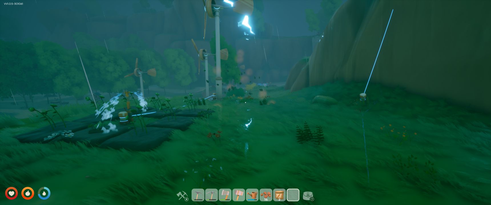 Solarpunk screenshot showing a storm in progress