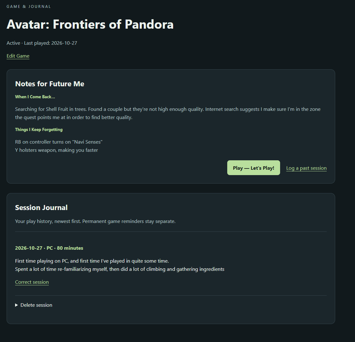 Screenshot of the app showing the journal page for a game